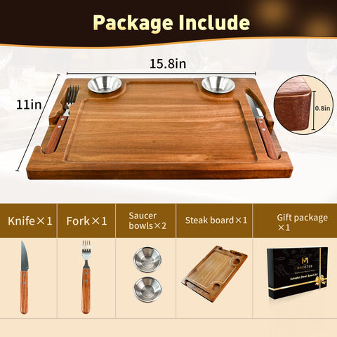 MAVOTER plated steak on board in a dining setting for restaurant-style presentation at home