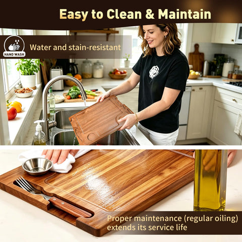 MAVOTER board next to fork and knife for scale, illustrating the 15.7 inch serving area