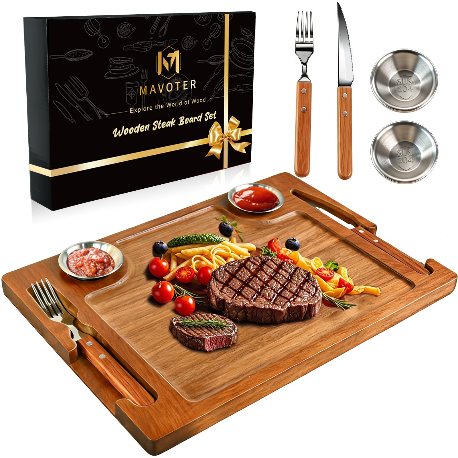 MAVOTER front view of acacia steak board showing natural grain and finish for elegant serving