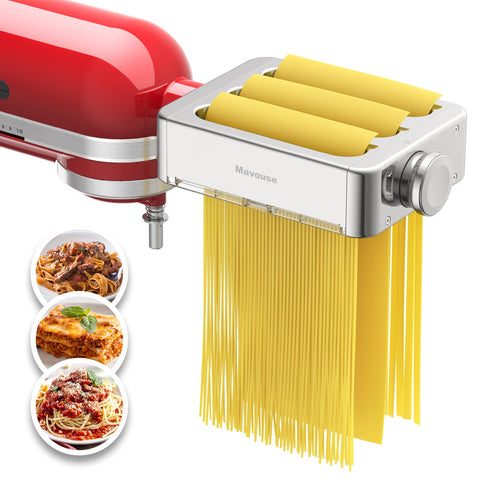 Mavouse front view of all metal pasta attachment showing robust stainless finish and mounting