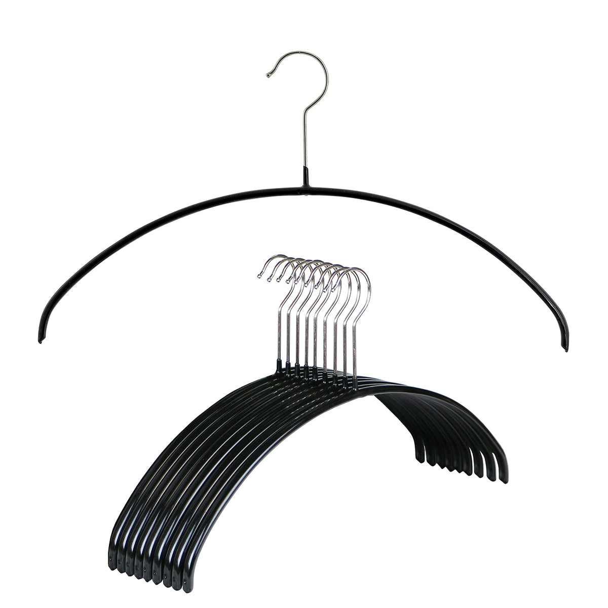 MAWA front view of 10 black hangers showing sleek uniform closet benefit