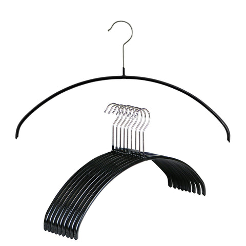 MAWA front view of 10 black hangers showing sleek uniform closet benefit