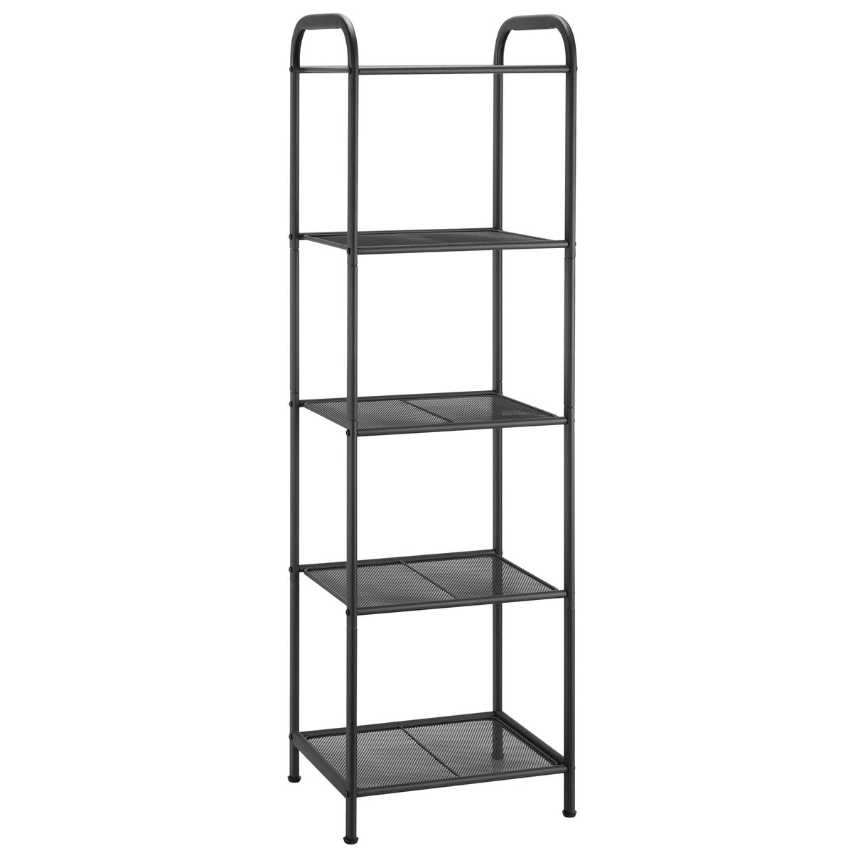MAX Houser front view of five-tier charcoal gray shelf showing compact storage benefit