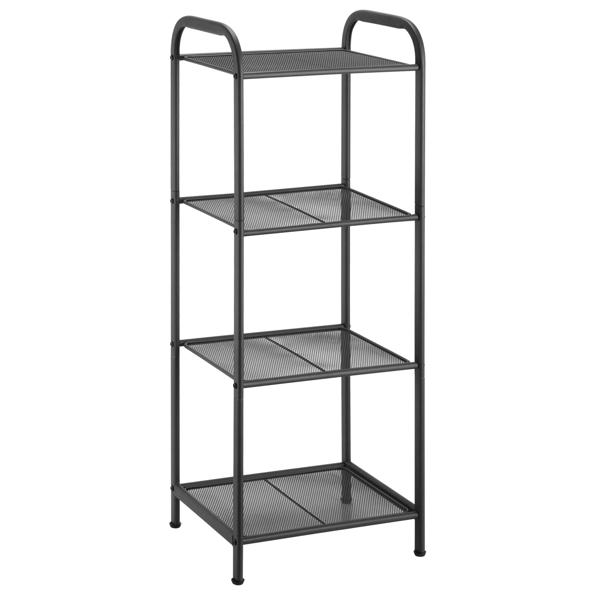 MAX Houser front view showing charcoal-gray four-tier storage and slim profile benefit