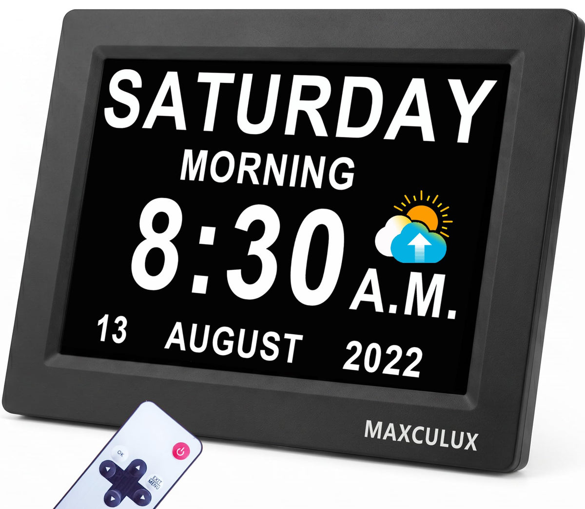 MAXCULUX front display showing large time and date, improves quick readability