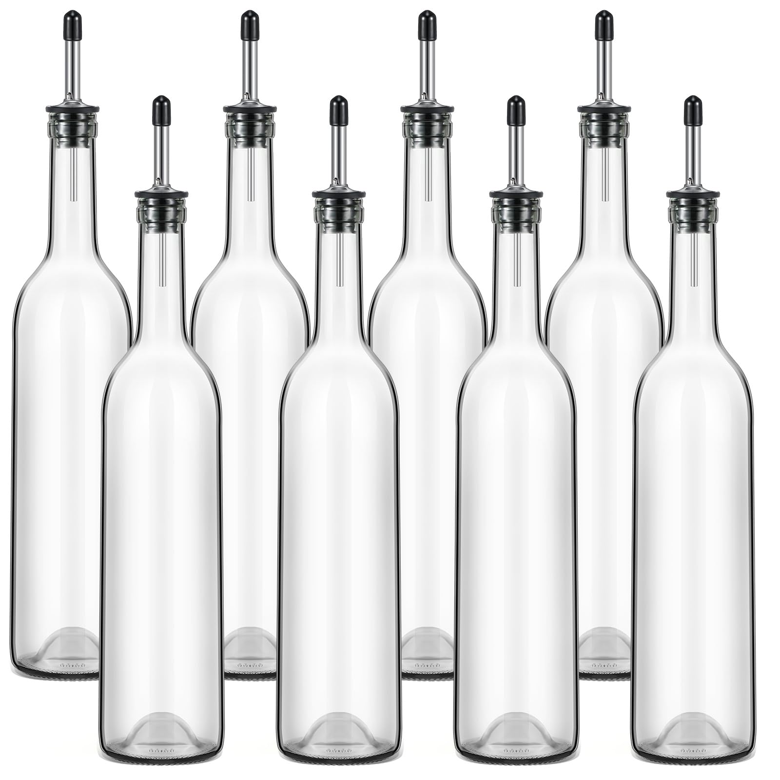 Maxdot front view of eight clear glass bottles showing organized storage benefit
