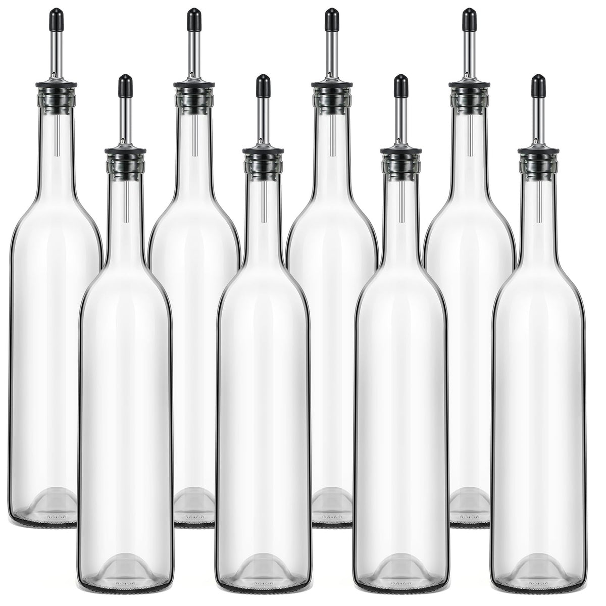 Maxdot front view of eight clear glass bottles showing organized storage benefit