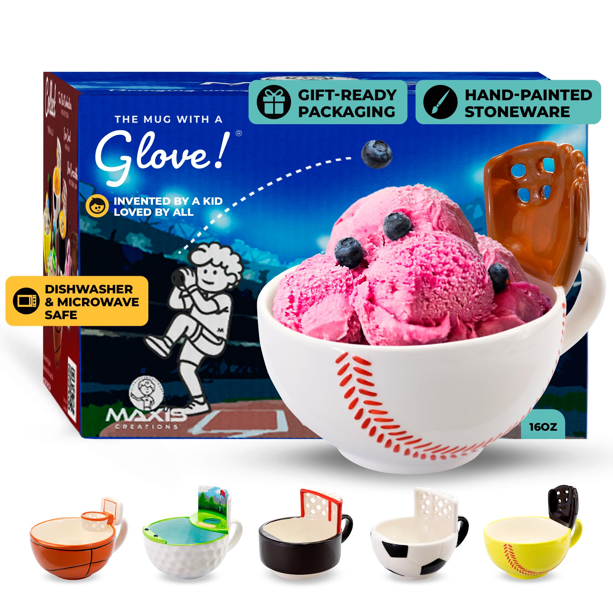MAX'IS Creations front view showing playful baseball mug and glove benefit: encourages snack play