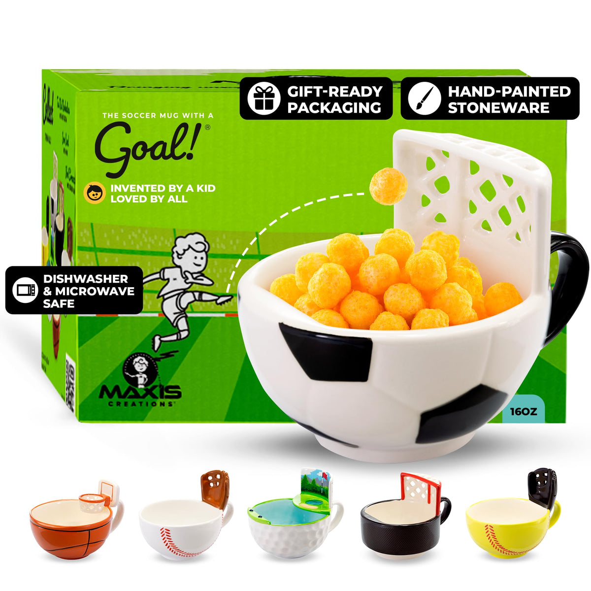 MAX'IS Creations front view of soccer mug showing goal and handle, fun gift