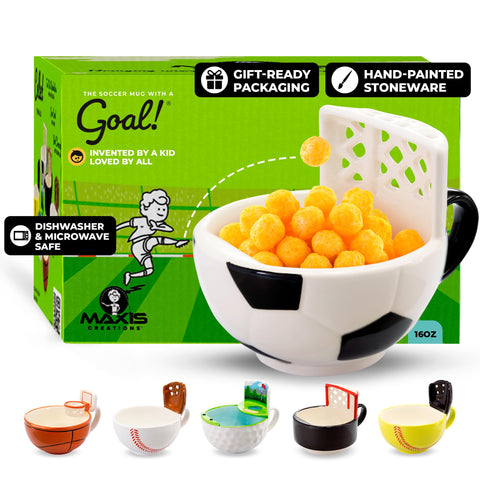 MAX'IS Creations front view of soccer mug showing goal and handle, fun gift