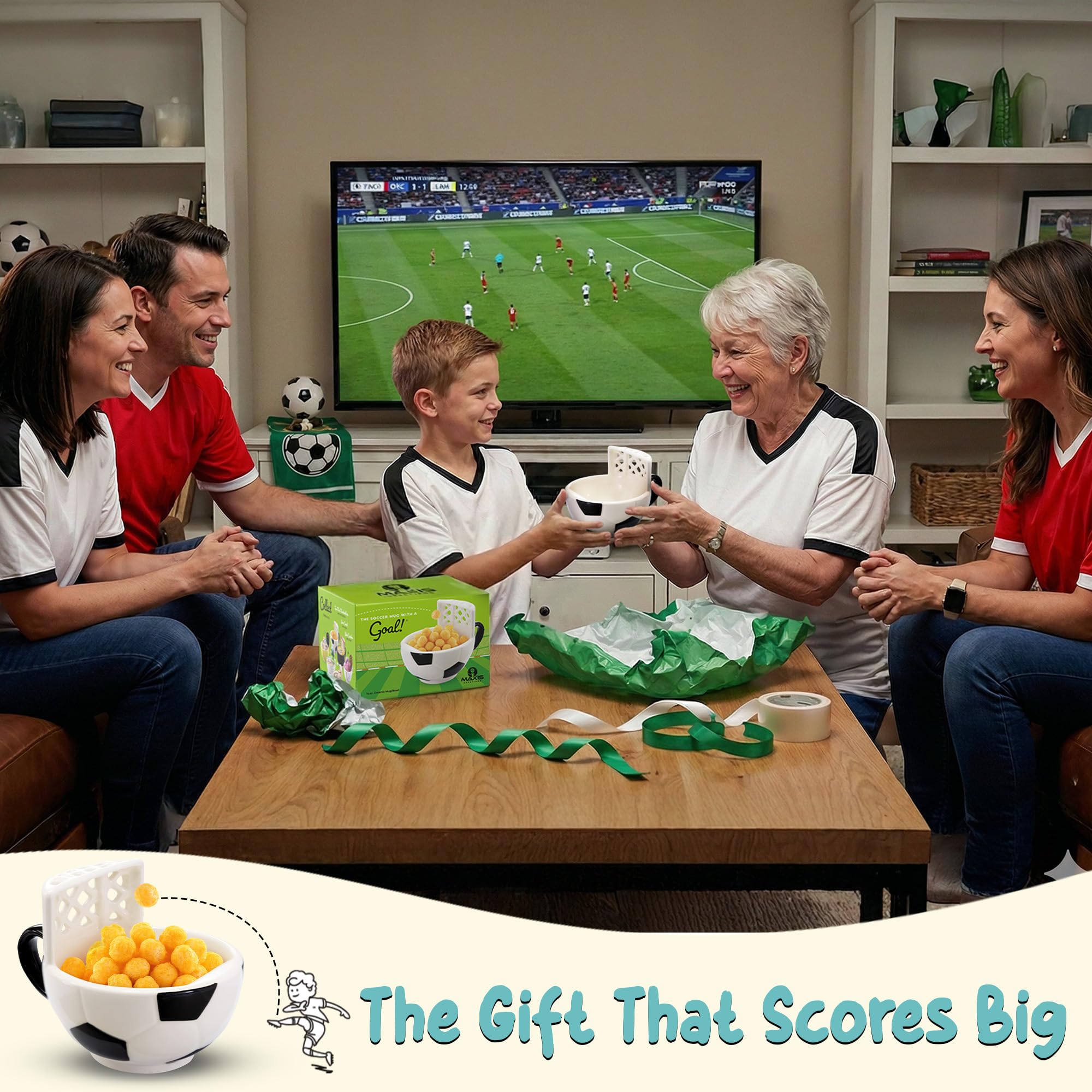 MAX'IS Creations family using mug for popcorn toss showcasing interactive entertainment