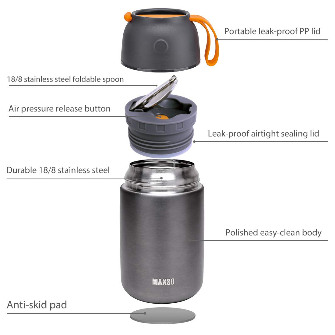 MAXSO 17 oz jar with foldable spoon nested for compact portability