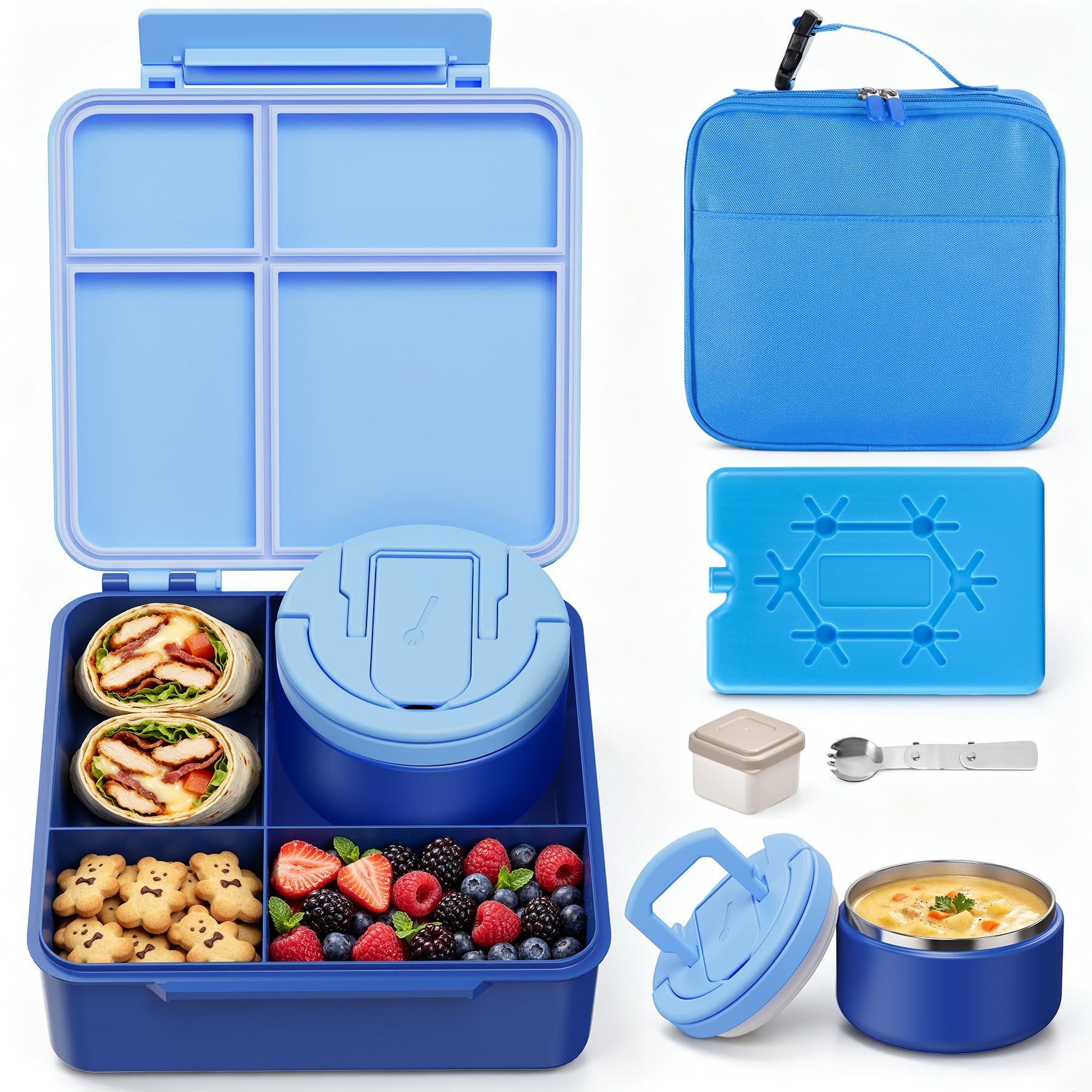 MAXSO front view of the blue bento lunch box showing locked latches and compartments for spill protection