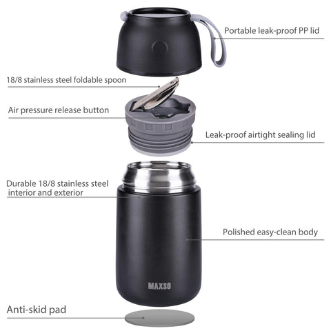 MAXSO foldable spoon next to lid showing convenient storage and ready-to-eat benefit