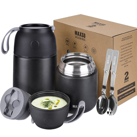 MAXSO front view of two black insulated food jars showing compact design and portability benefit