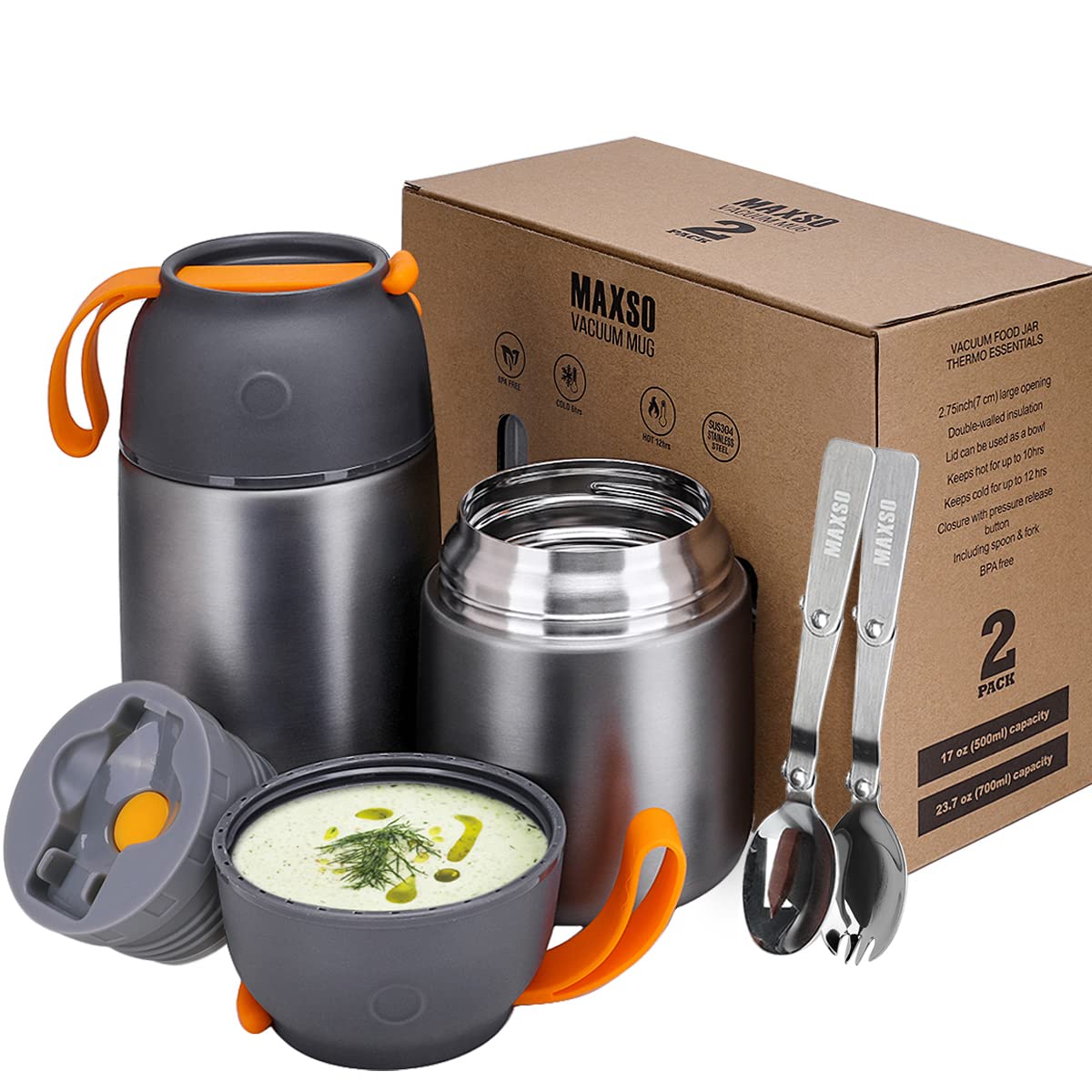 MAXSO front packaging showing both grey food jars and included spoon