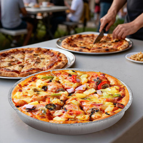 MAXTBEE pan on party table with pizza showing simple serving advantage