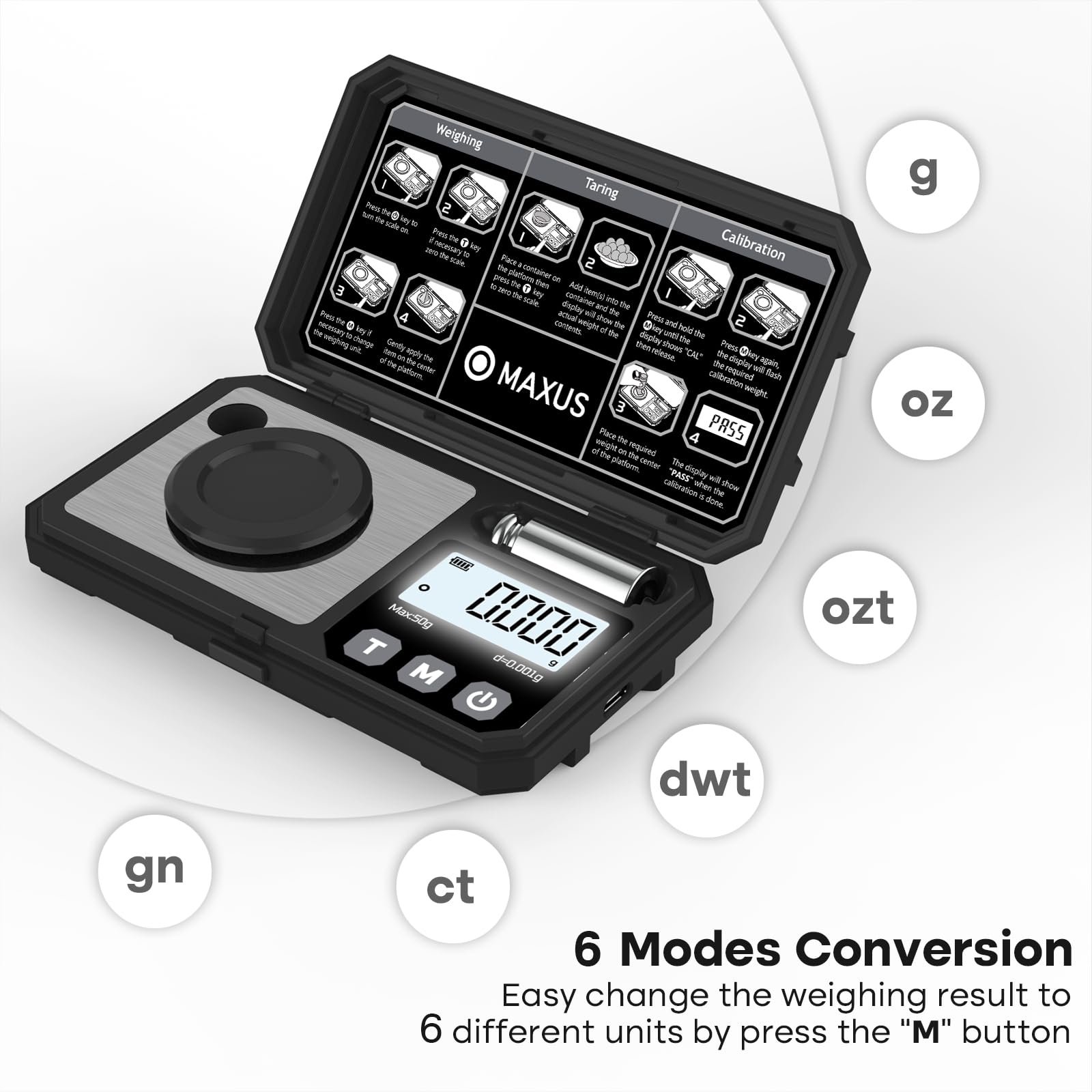 MAXUS 50 g calibration weight beside scale for traceable accuracy