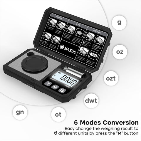 MAXUS 50 g calibration weight beside scale for traceable accuracy