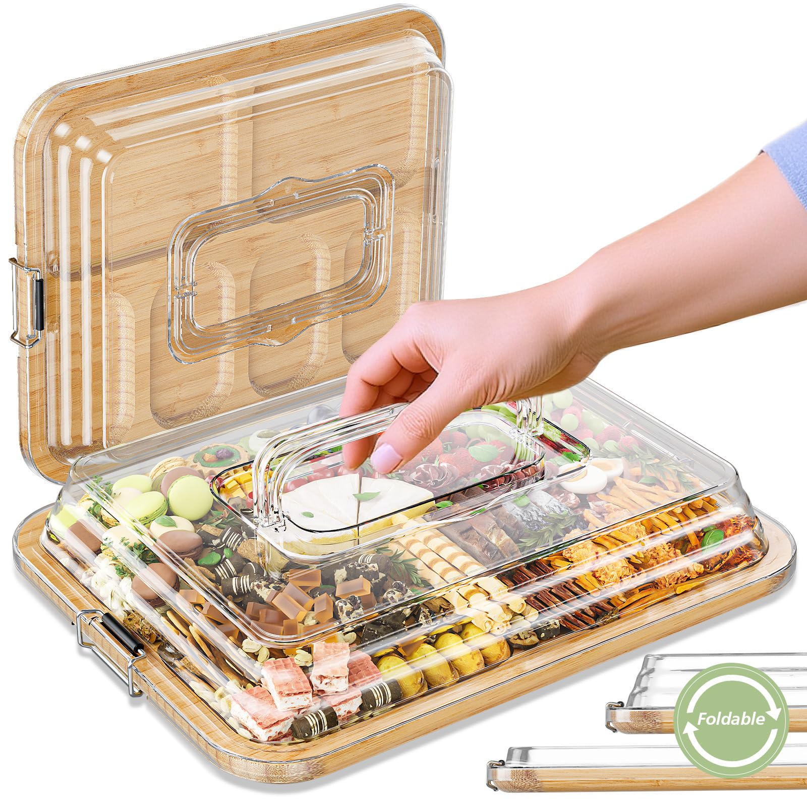 MAYELM front view bamboo charcuterie board shows portability and elegant serving