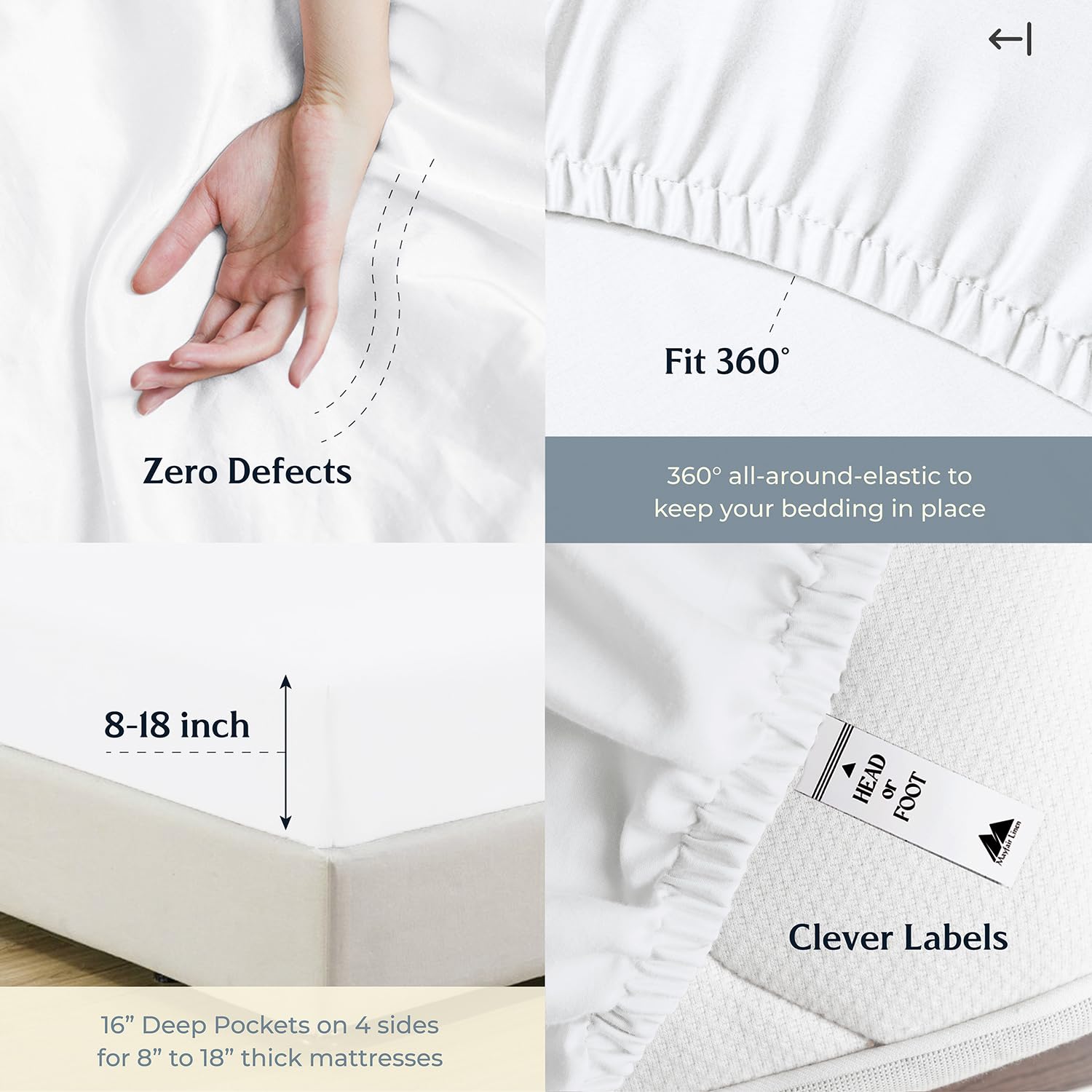 Mayfair Linen elastic corner closeup demonstrating snug fit to prevent slipping overnight