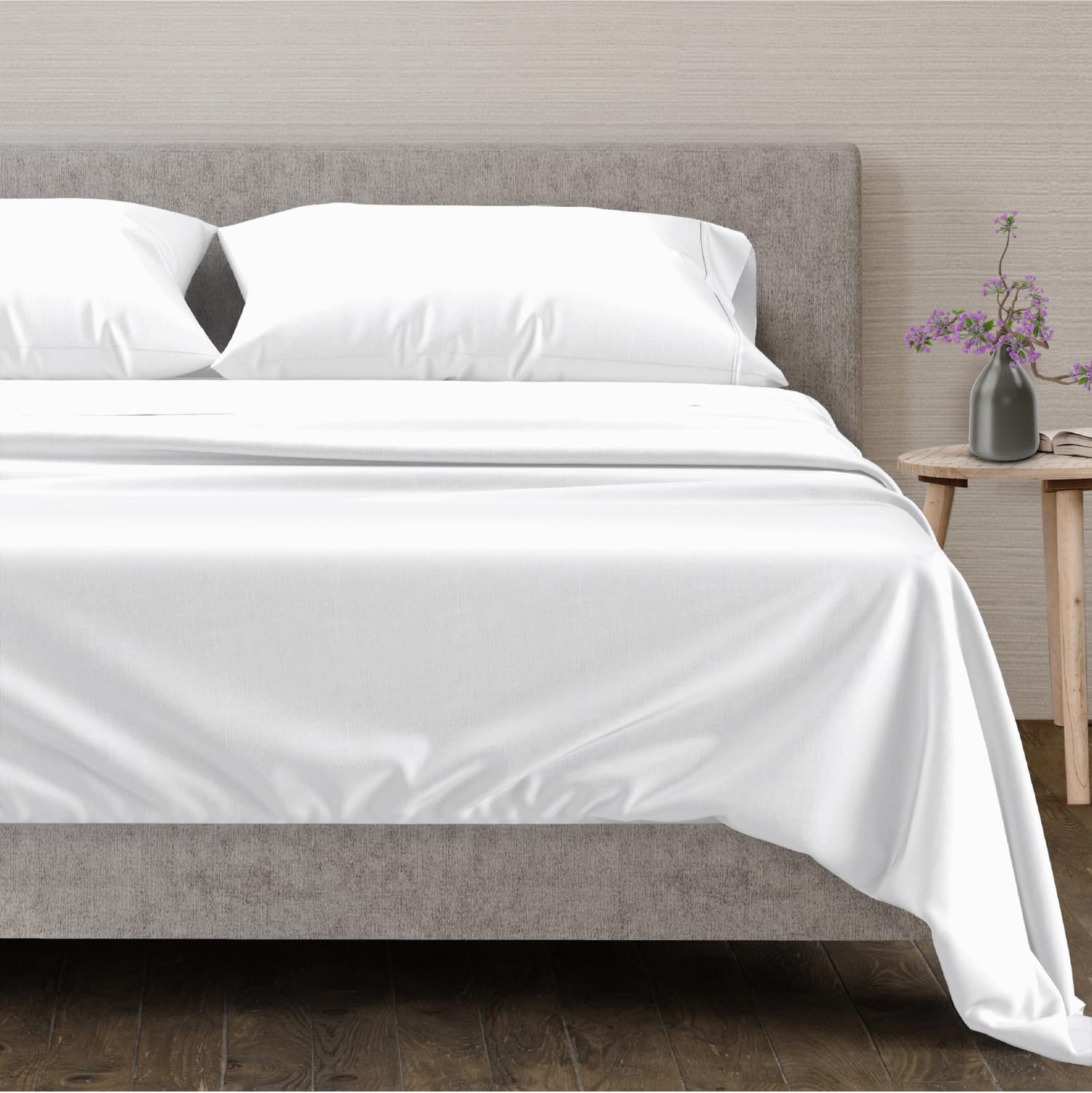 Mayfair Linen front packaging showing complete queen set and eco-friendly benefit