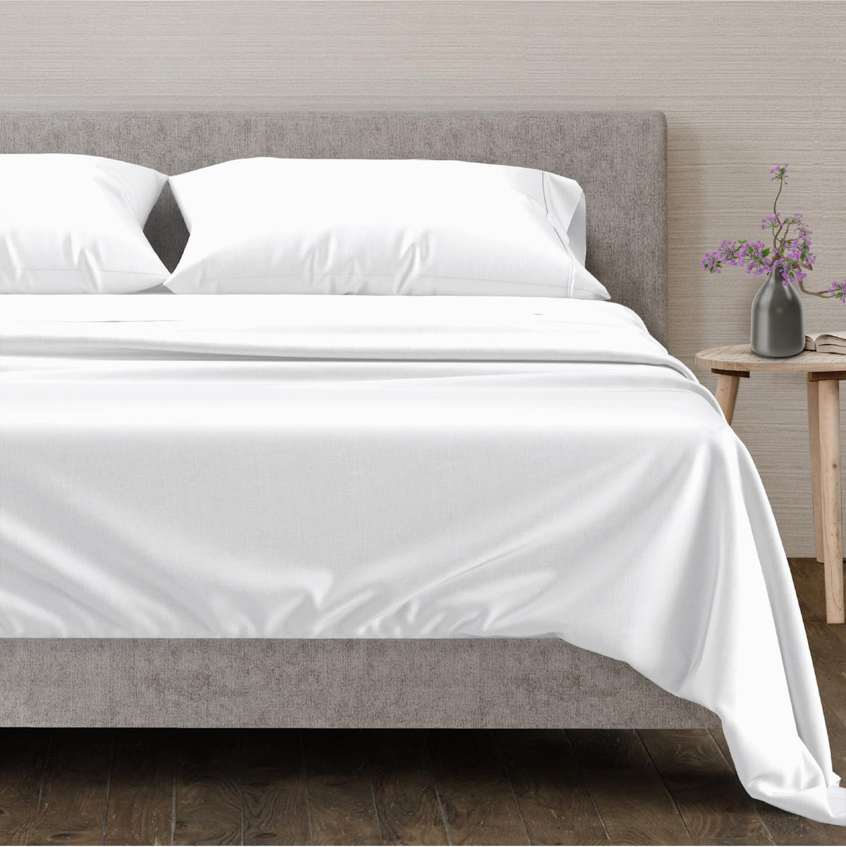 Mayfair Linen front packaging showing complete queen set and eco-friendly benefit