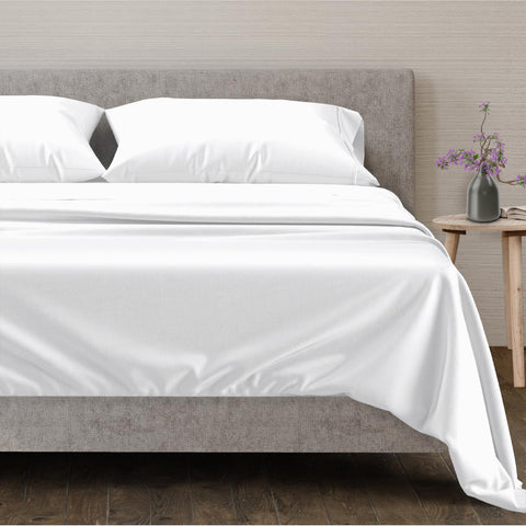 Mayfair Linen front packaging showing complete queen set and eco-friendly benefit