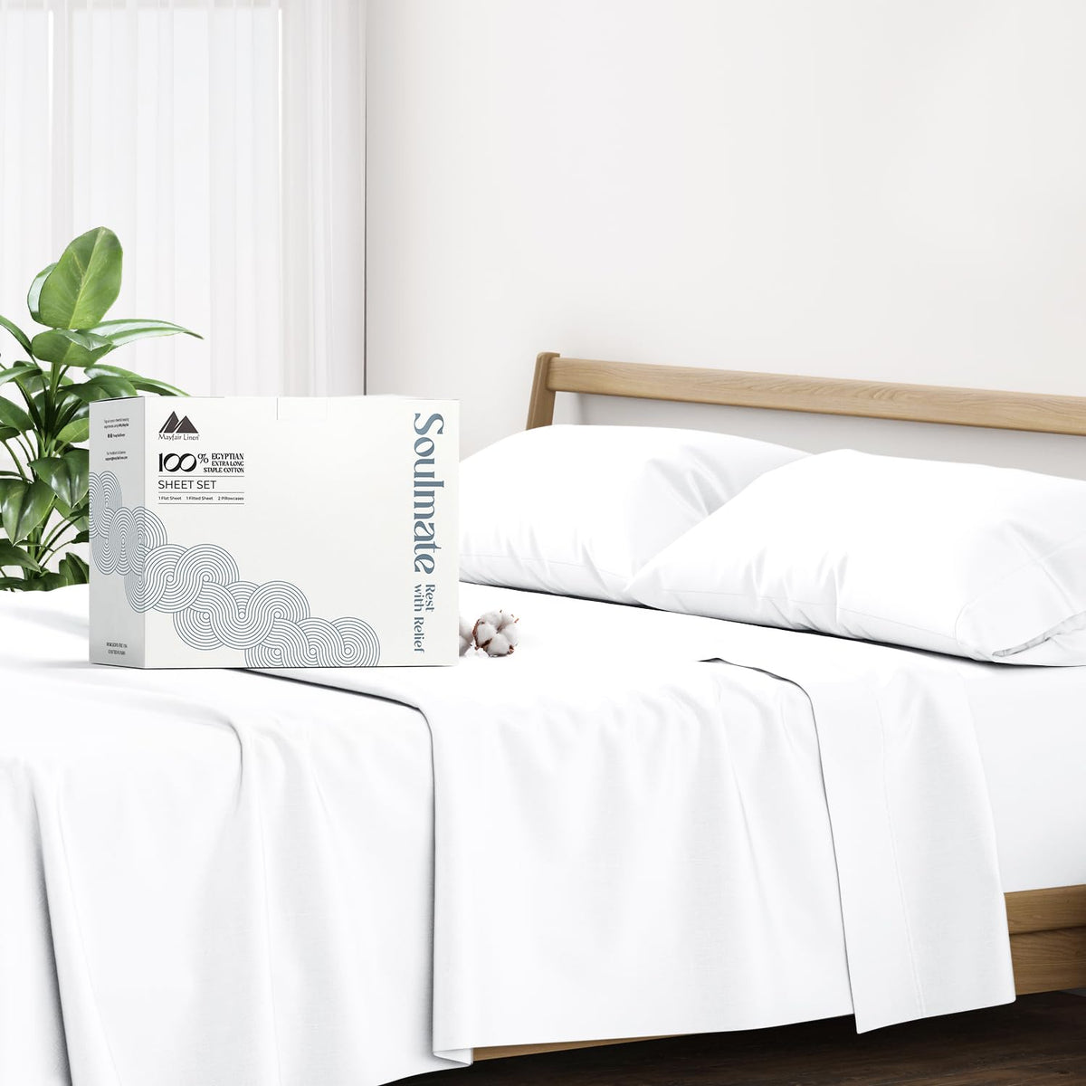 Mayfair Linen full set front view showcasing clean white sheets and neat packaging benefit: elegant presentation
