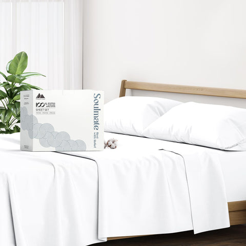 Mayfair Linen full set front view showcasing clean white sheets and neat packaging benefit: elegant presentation