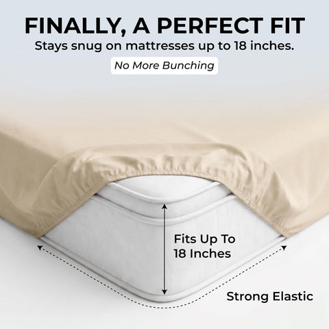 Mayil Manor fitted sheet corner showing 18-inch deep pocket holding mattress securely