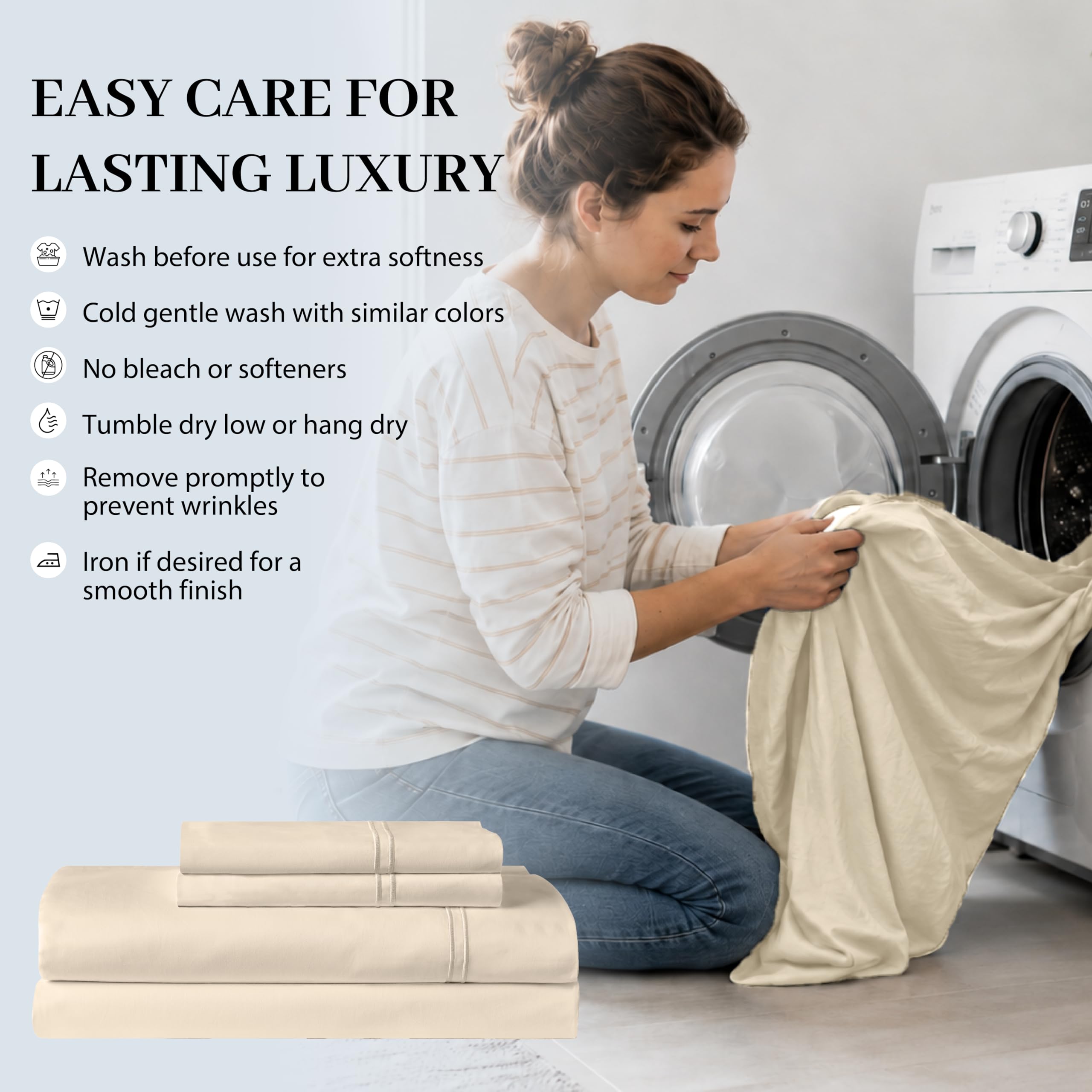 Mayil Manor care label and fabric tag close-up showing washing guidance for lasting quality