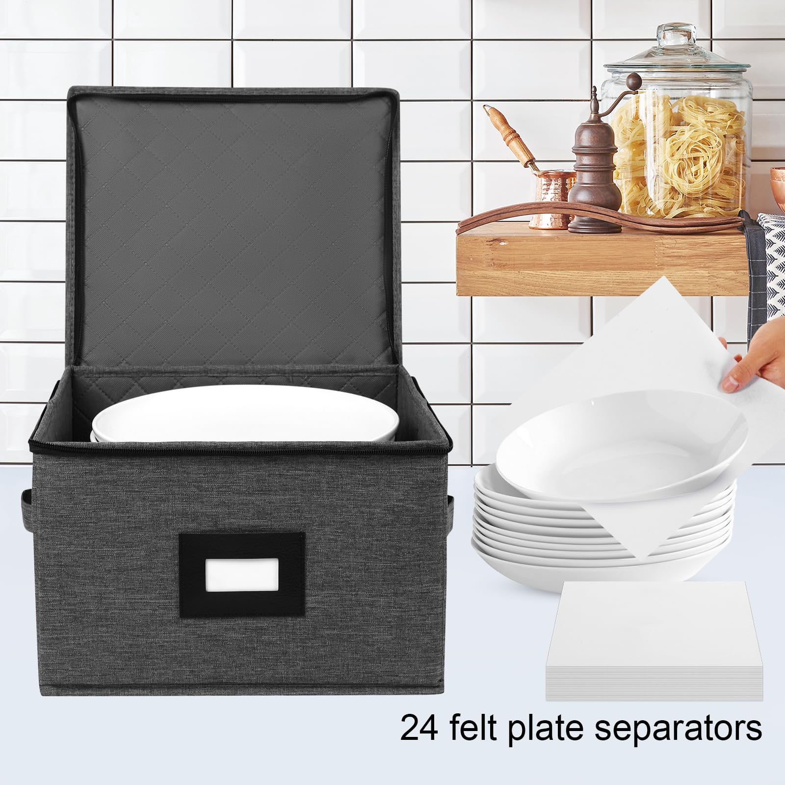 Mayniu in use on kitchen shelf organizing plates and saving space