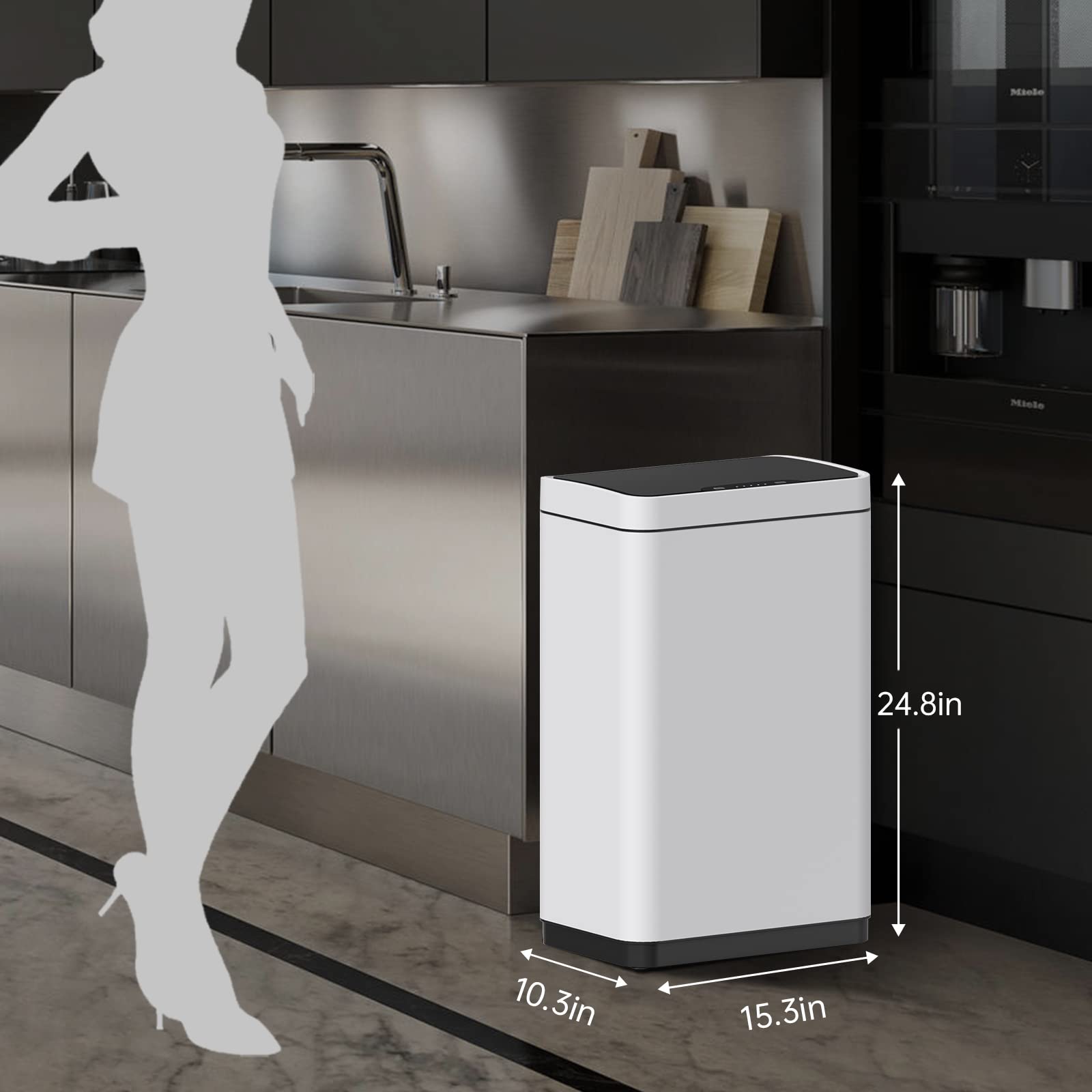 Mbillion size comparison with kitchen cabinet illustrating 15.3 gallon capacity and compact footprint
