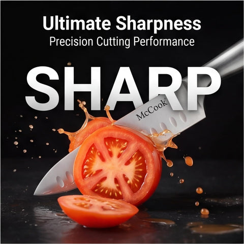 McCook chef knife slicing vegetables demonstrating clean cuts and control