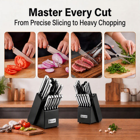McCook sliced vegetables next to chef knife demonstrating effortless precision slicing
