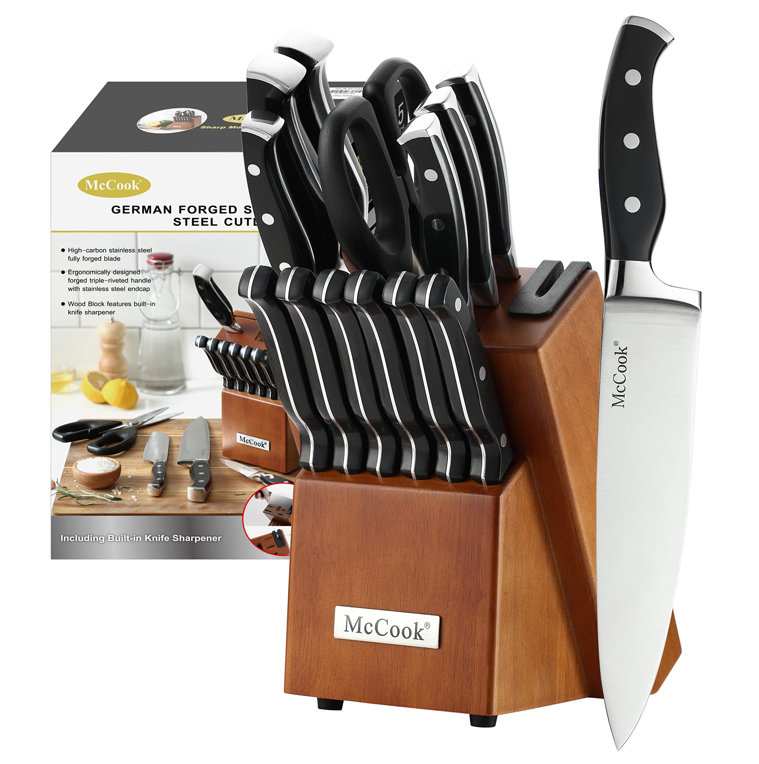 McCook front view of knife block displaying all 15 pieces and neat organization