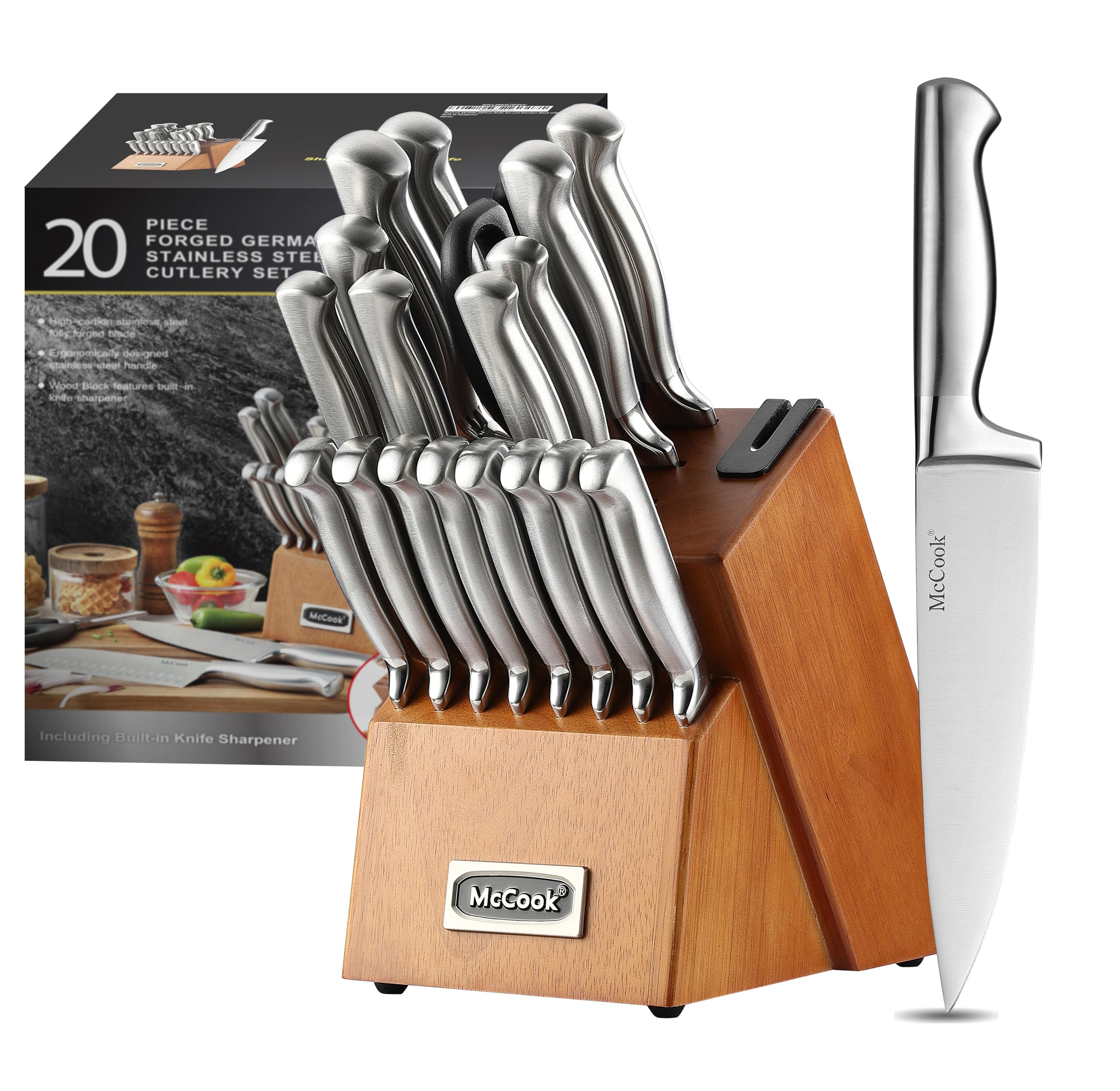 McCook knife block front view showing full 20-piece set and organized storage benefit