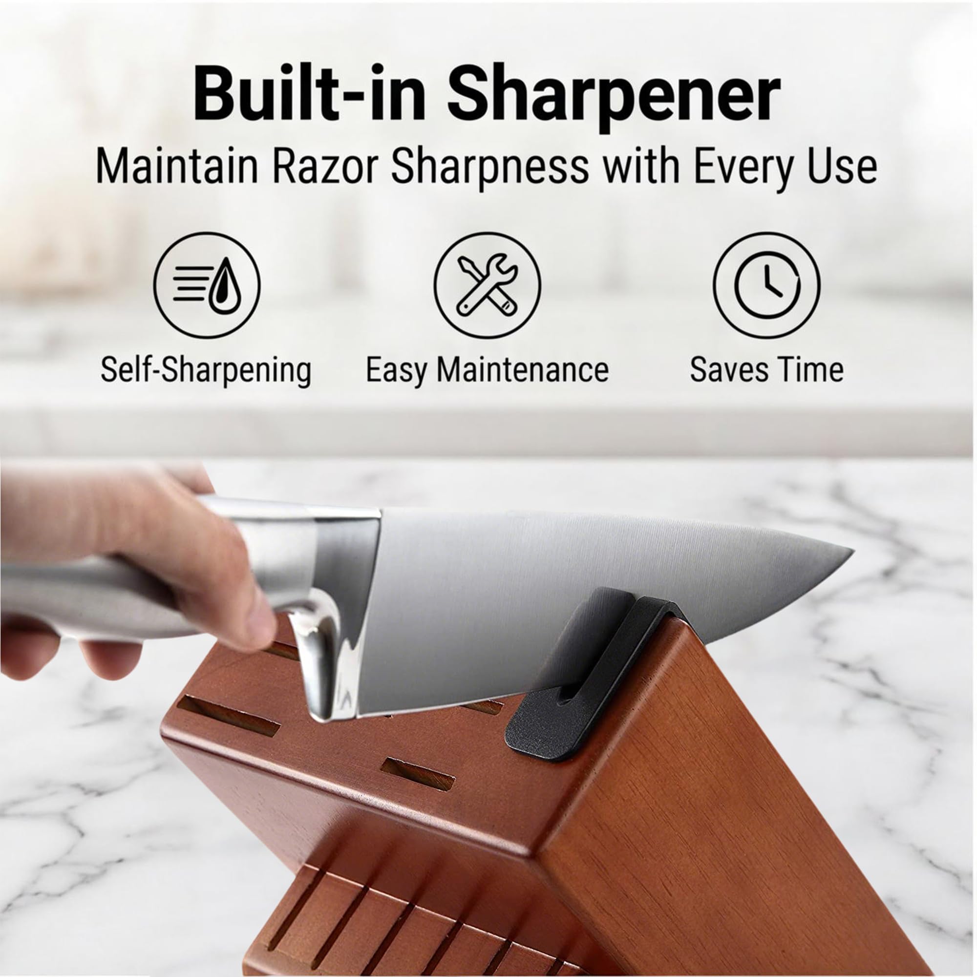 McCook wooden block with built-in sharpener visible for quick edge touch-ups