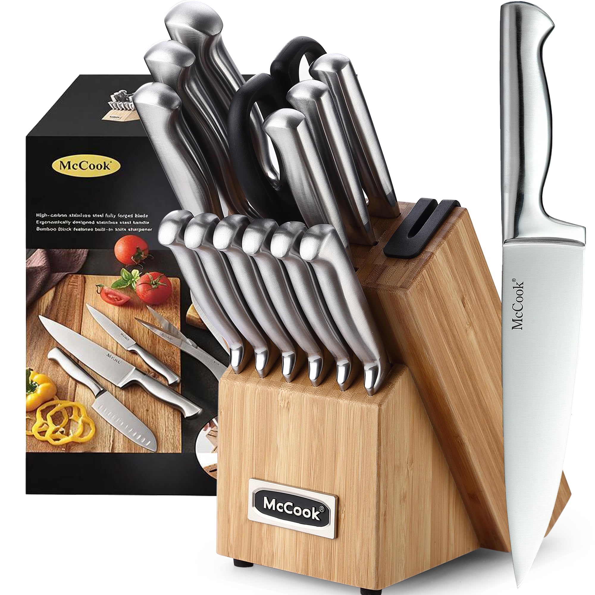 McCook knife set front view showing stainless blades and bamboo block for organized storage