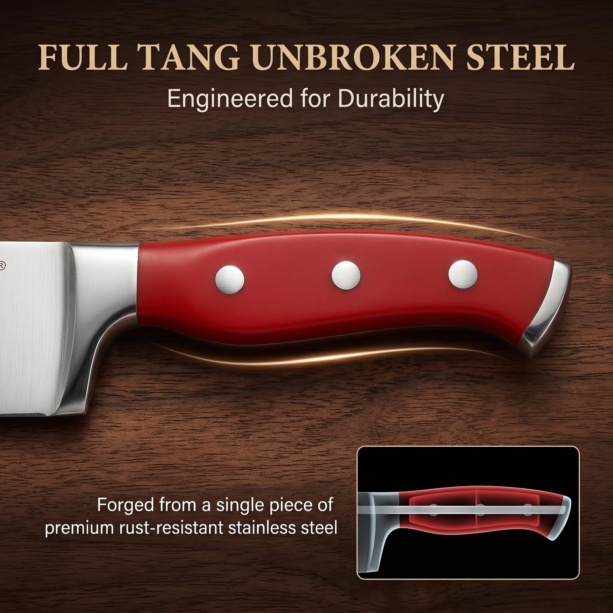 McCook knife set in use chopping vegetables, faster prep time benefit