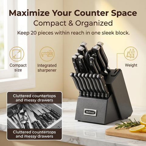 McCook knife set styled on kitchen counter for modern, functional presentation
