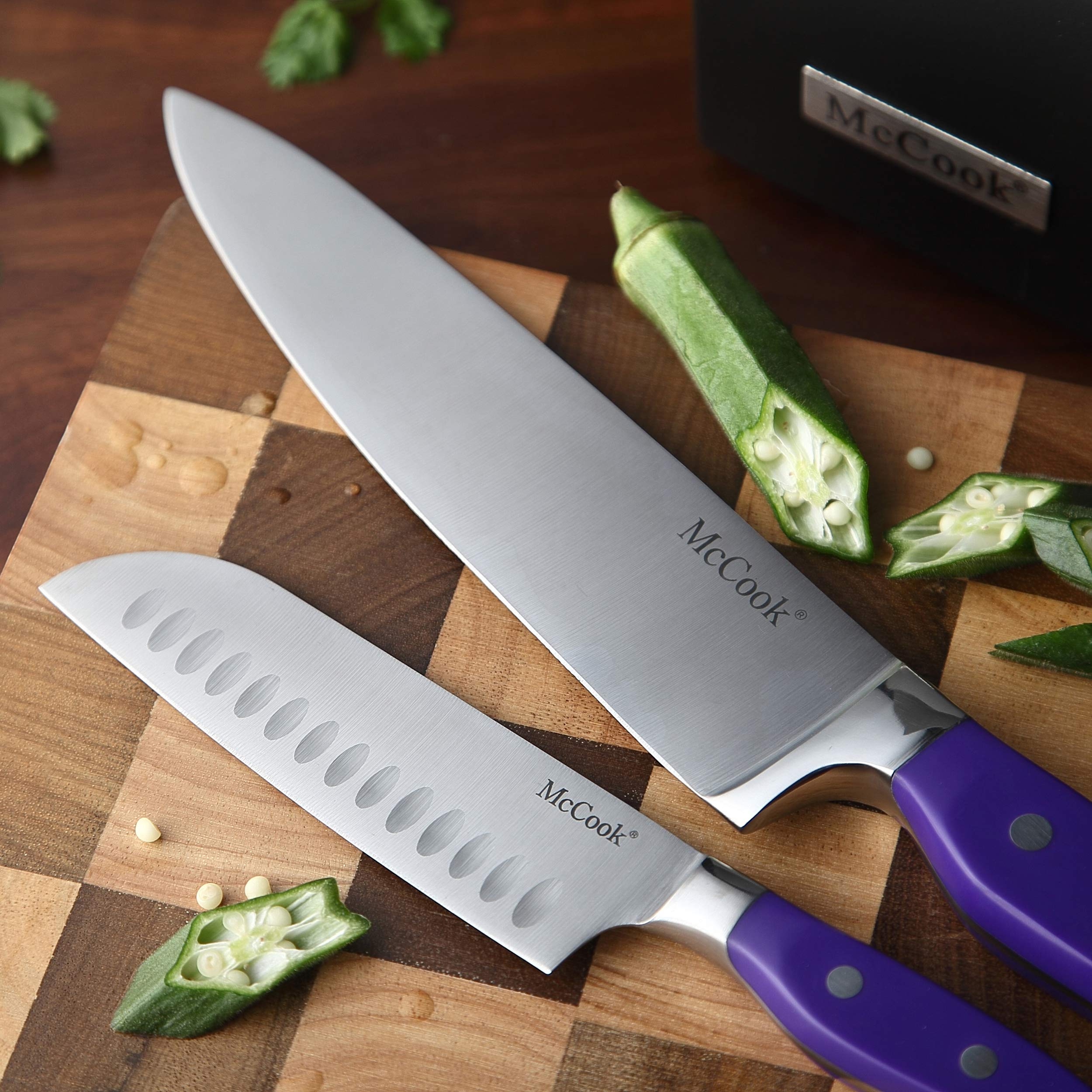 McCook wooden block with built-in sharpener slot, convenient maintenance benefit