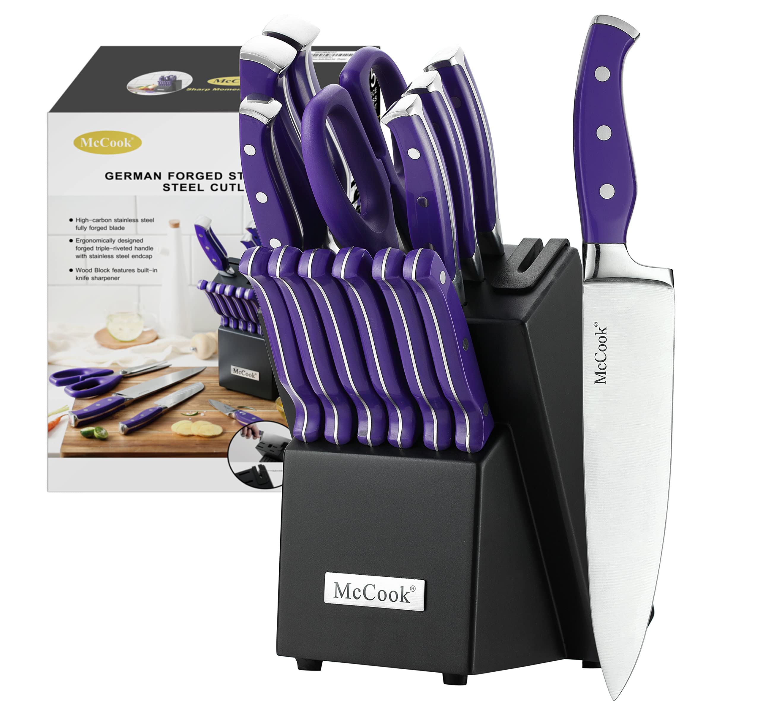 McCook front view of purple knife set in black wooden block, organized storage benefit