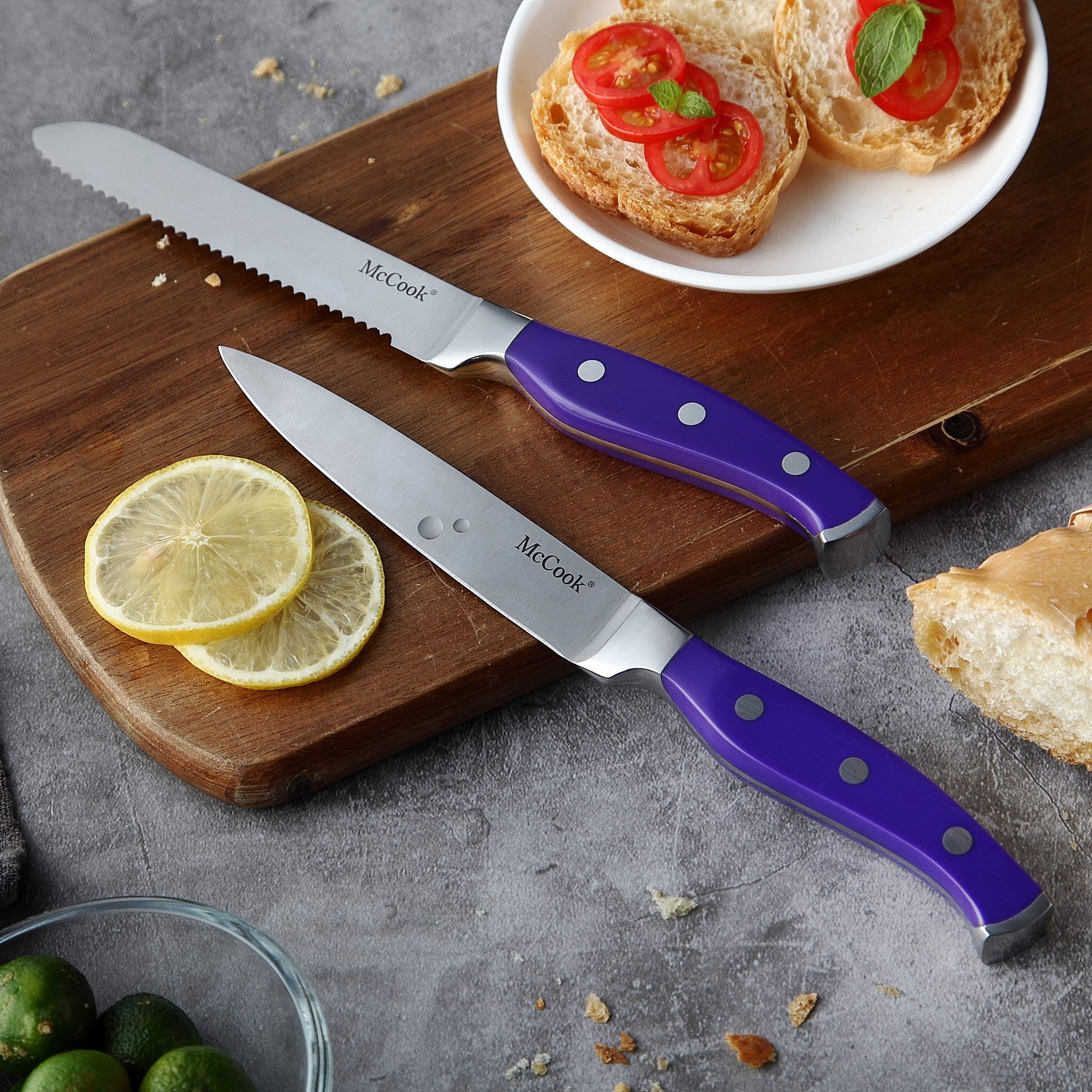 McCook purple blade profile showing full tang, balanced handling benefit