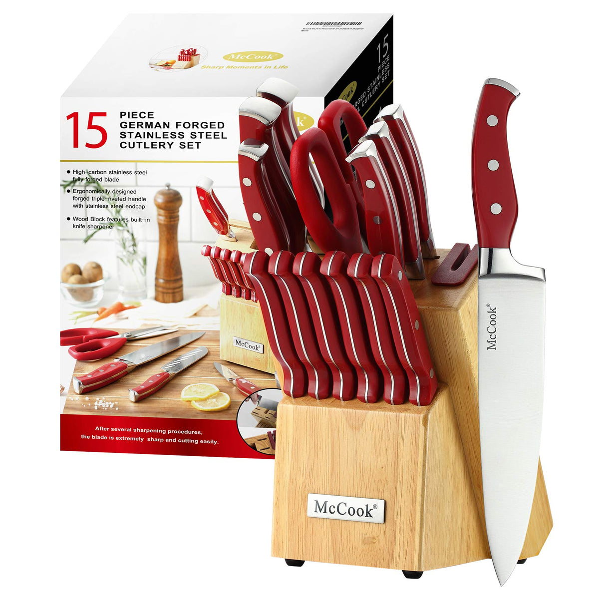 McCook red knife set front view showing full block and knives, stylish countertop benefit