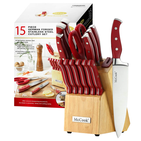McCook red knife set front view showing full block and knives, stylish countertop benefit