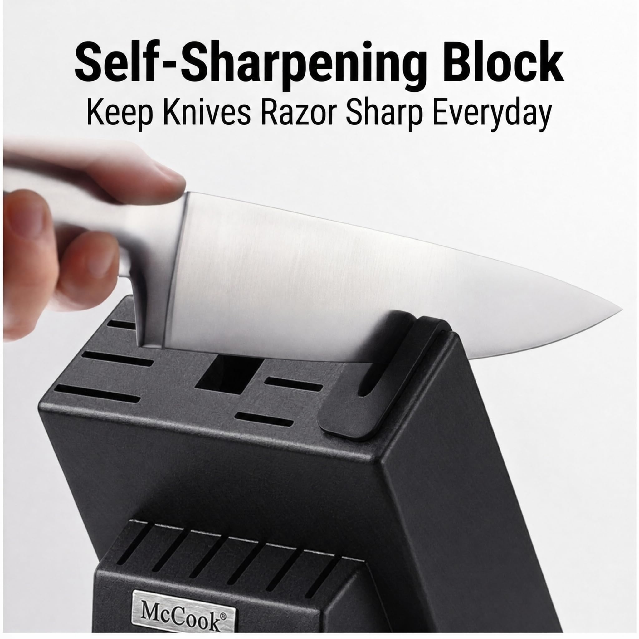 McCook built-in sharpener slot detail showing safe maintenance and easy edge touch-ups