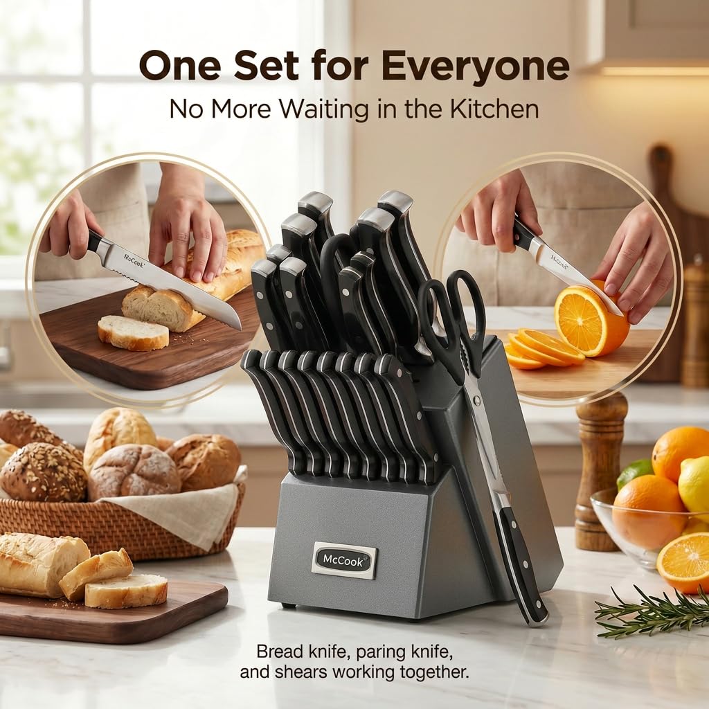McCook knives beside cutting board illustrating scale and countertop fit