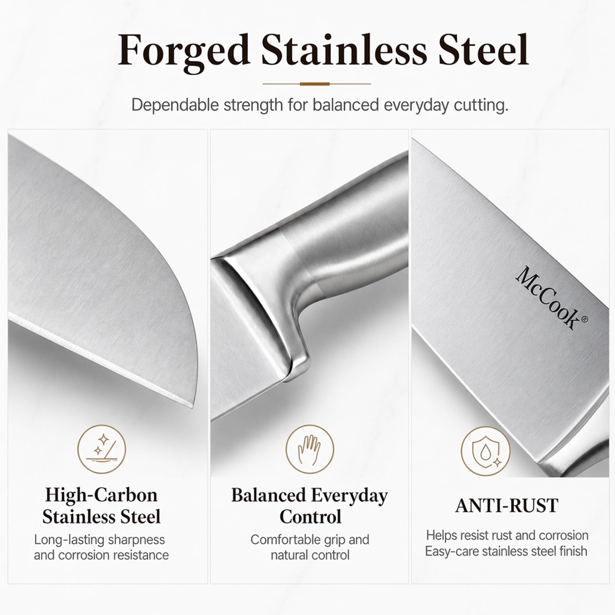 McCook six steak knives arranged to show matching blades for elegant table service